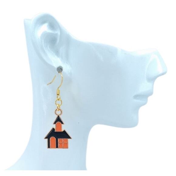 Halloween Haunted House Earrings 🎃 Spooky Cute Black and Orange Jewelry - Picture 2 of 4